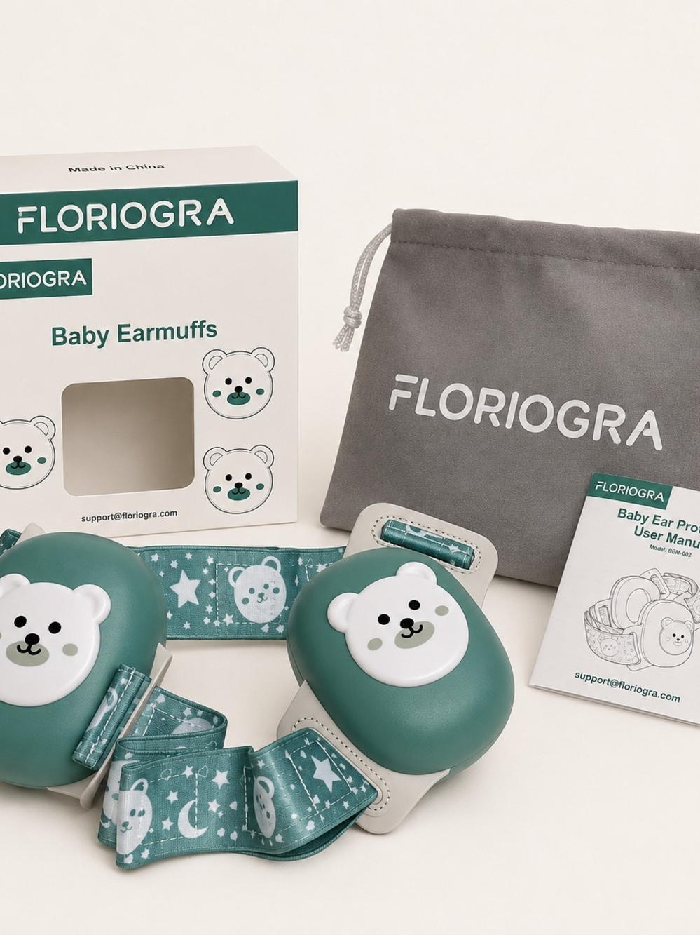FLORIOGRA Baby Earmuffs Noise Protection – SNR 26 dB – Green Bear